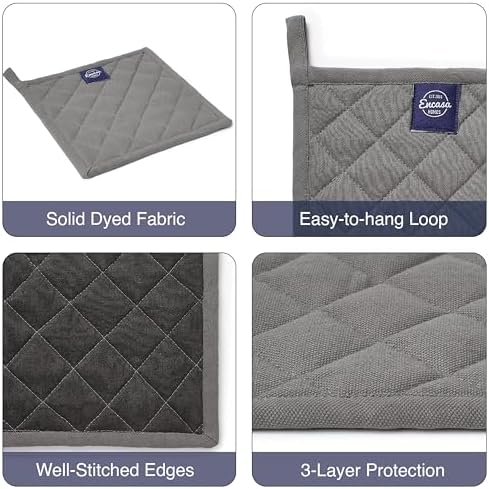 Encasa XO Pot Holders, Quilted Kitchen Hot Pads 8"x8" Grey