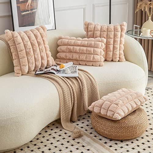 Neelvin Camel Faux Fur Cozy Soft Plaid Decorative Throw Pillow Covers