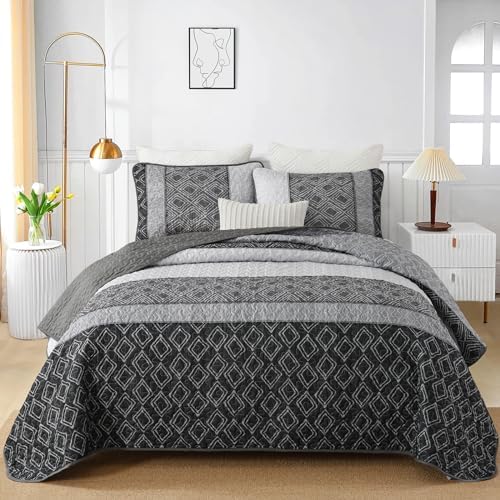 Cottolester Full Size Quilt,3 Pcs Black White Grey Striped Bedspread