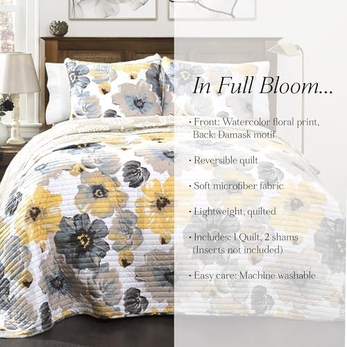 Lush Decor Leah Reversible Floral Quilt Set, 3 Piece Set, King, Yellow