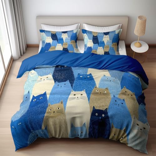 King Duvet Cover Set Soft Microfiber Cat Pattern Blue