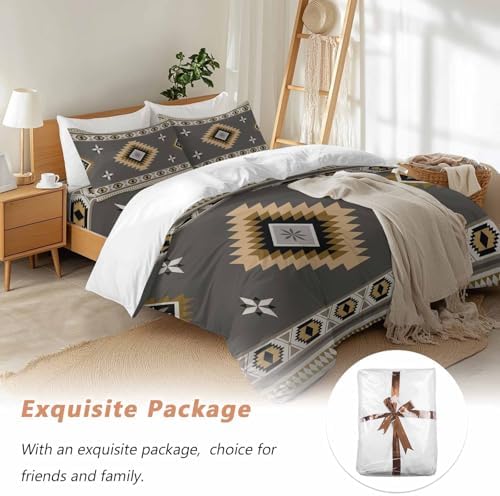 Gray Brown Boho Duvet Cover Set Full Size,Vintage Farmhouse Abstract