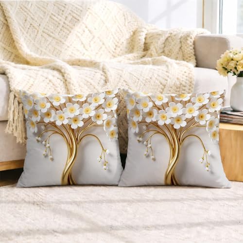 Flowers Throw Pillow Covers Set of 2, Elegant Modern Gold Branches