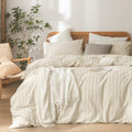 BESTOUCH Striped Cotton Duvet Cover Set Linen Feel Queen