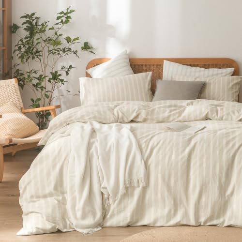 BESTOUCH Striped Cotton Duvet Cover Set Linen Feel Queen