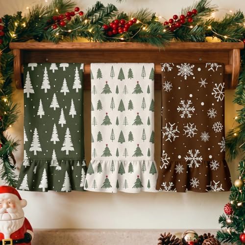 Fanfanwin 3 Pcs Christmas Kitchen Towels Set, 100% Cotton Ruffled 17"