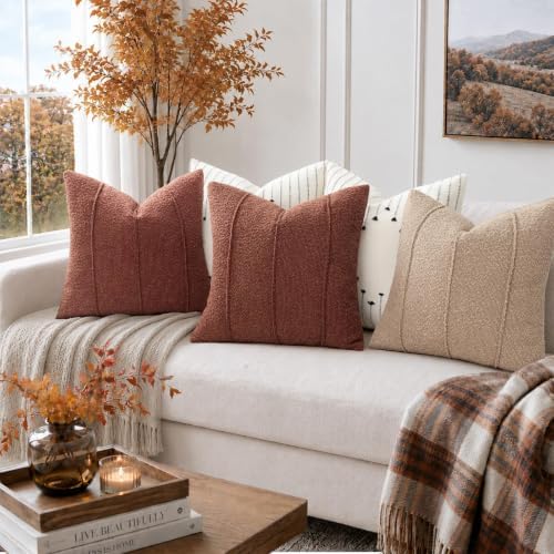 YCOLL Rust Boucle Pillow Covers 18x18 Set of 2, Textured Fall Throw