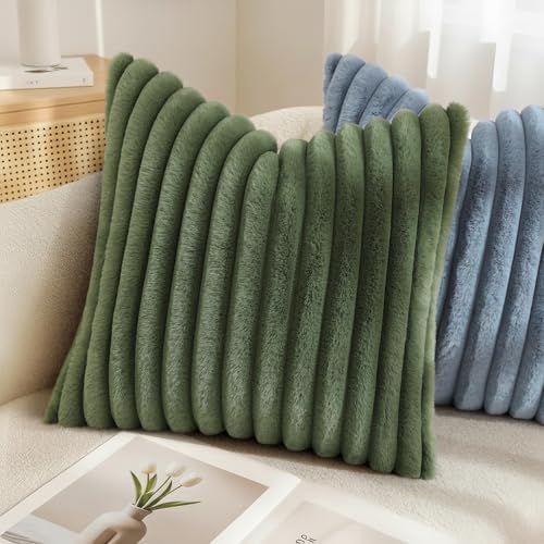 decorUhome Fall Faux Fur Throw Pillow Covers 22x22 Set of 2 Olive