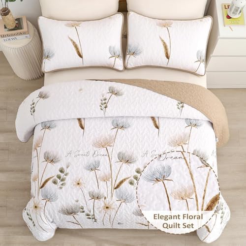 Dinjoy Queen Quilt Bedding Set Khaki Floral Bedspreads with 2