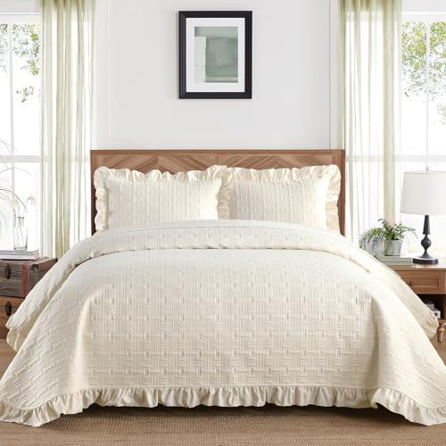 DJY King Size Quilt Bedding Sets, Beige Ruffled Bedspread Coverlet