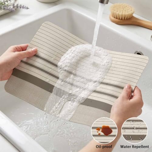 Placemats Set of 6, Minimalist Taupe Beige Striped Faux Leather