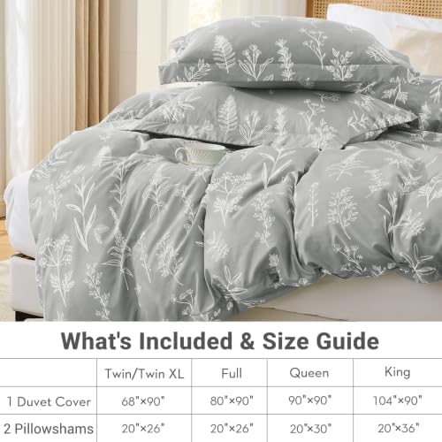 MUXHOMO Duvet Cover Queen Size, 3-Piece Floral Silver Grey Bedding Set