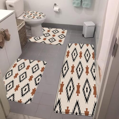 4 Pieces Bathroom Rug Sets,Western Boho Aztec Abstract Geometric