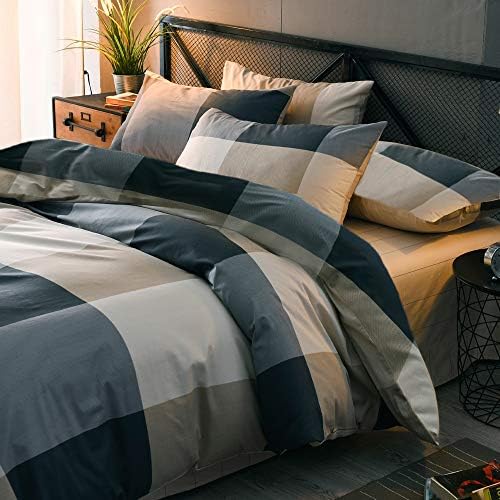mixinni Queen Size Checkered Duvet Cover Set - 3 Piece Grey Geometric