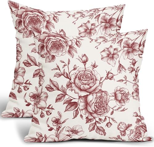 Wine Red Floral Throw Pillow Covers Chinoiserie Cushion Case