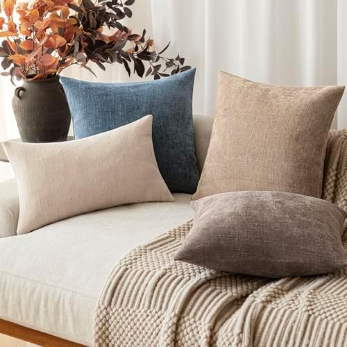 Foindtower Solid Textured Chenille Throw Pillow Covers 22x22 Inch,Blue