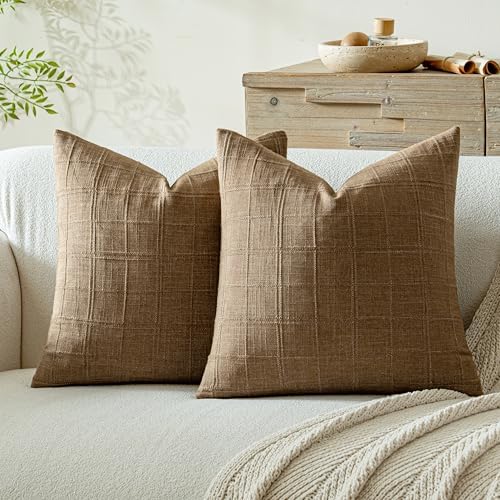 FEVERQIYI Set of 2 22x22 Brown Cotton Linen Plaid Pillow Covers