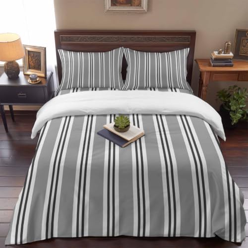 Gray Black and White Stripe King Duvet Cover Set - 4 Pcs Comforter