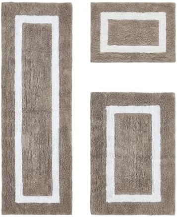 Cotton Tufted Beige White Bathroom Rugs Sets 3 Piece
