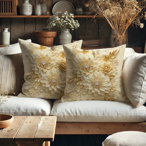 Elegant Floral Printing Pillow Covers Set of 2, Cream Gold Decorative