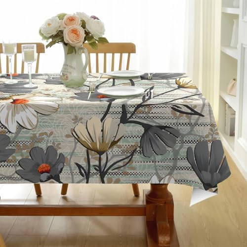 Grey and White Floral Print Square Table Cloth, Waterproof Duty Vinyl