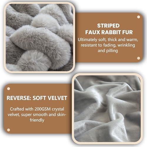 MEGO Fluffy Faux Rabbit Fur Ribbed Throw Blanket 60"x80", Gray