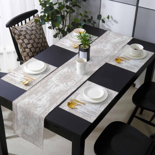 Beige Grey Contemporary Table Mats Set of 6 with Table Runner