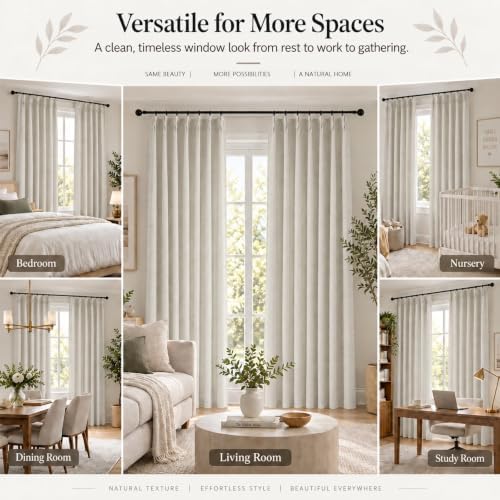 OWENIE Natural Pinch Pleated Linen Curtains 84 Inches Long 2 Panels