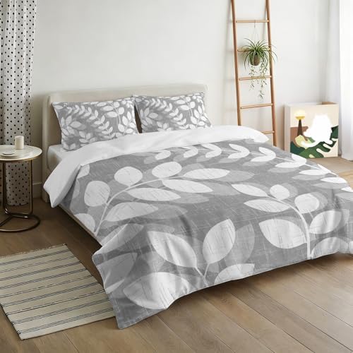 3 Pieces Bedding Set King Size, Gray Leaves Soft Duvet Covers Set with