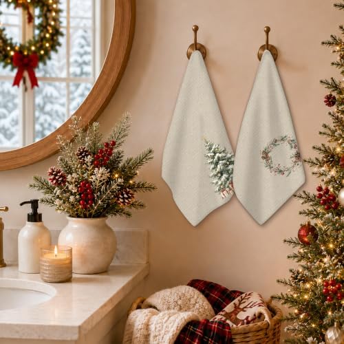 Christmas Tree Wreath Kitchen Towels, Rustic Vintage Neutral Winter