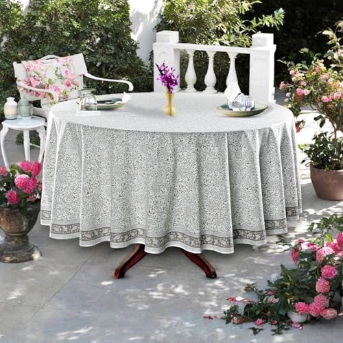 Ridhi Hand Block Print Round Tablecloth Taupe Jal 90 Inch 100% Cotton