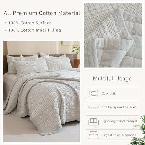 CozyTide King Size Quilt 110"x98",Khaki Cotton Waffle Weave
