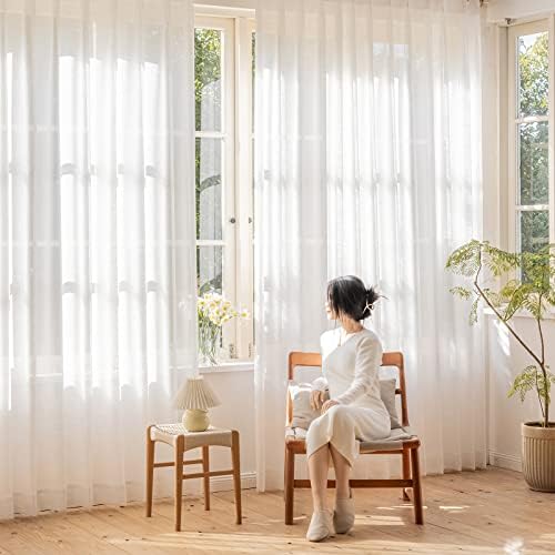 White Sheer Curtains 120 Inches Length 2 Panels, Linen Textured Window