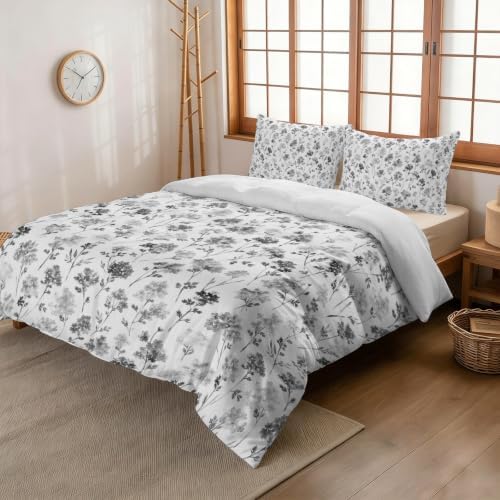 3 Pieces Bedding Set Queen Size, Grey Floral Soft Duvet Covers Set