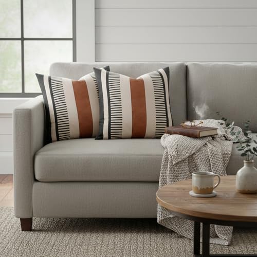 Farmhouse Stripe Pillow Cover 22x22 Boho Accent Cushion Case Faux