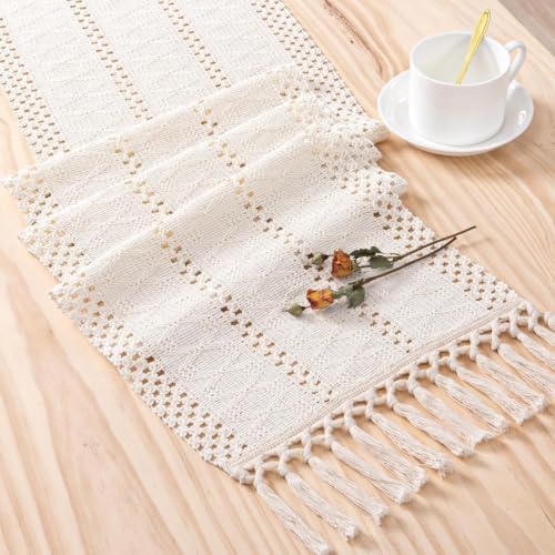 Table Runner Tassel Cotton Linen Pattern Bohemian Beige A 12*108 in