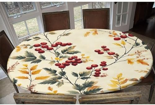 Oblong Tablecloth, Beige Winter Berry Botanical Pattern Printed on