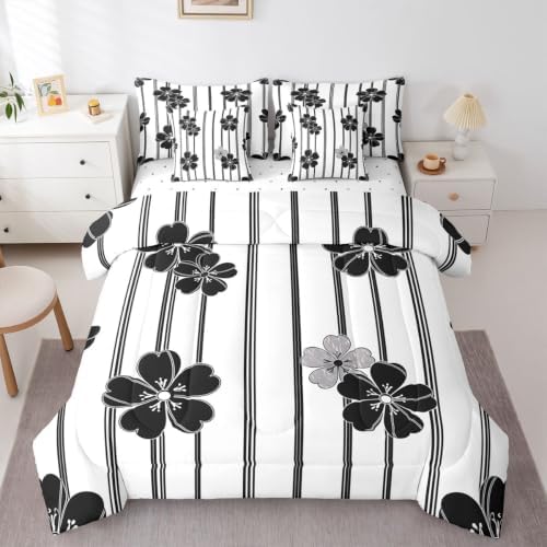 Manfei Stripe Flower Kids Comforter Queen Size,Geometric Line Floral