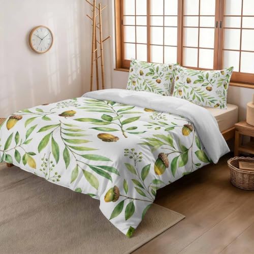 3 Pieces Bedding Set Queen Size, Green Leaves Soft Duvet Covers Set