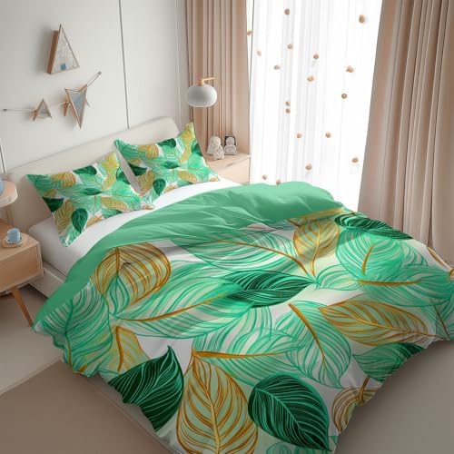 King Duvet Cover Reversible Design, Tropical Leaves Lines Soft Bedding