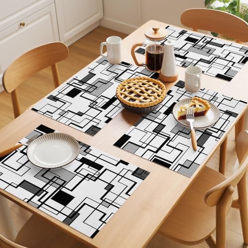 Cotton Linen Placemats for Dining Table Set of 8 Gray Geometric
