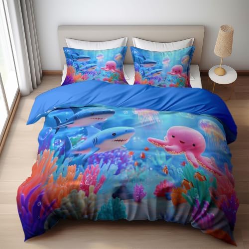 King Duvet Cover Set Soft Microfiber Aquarium Cartoon Blue