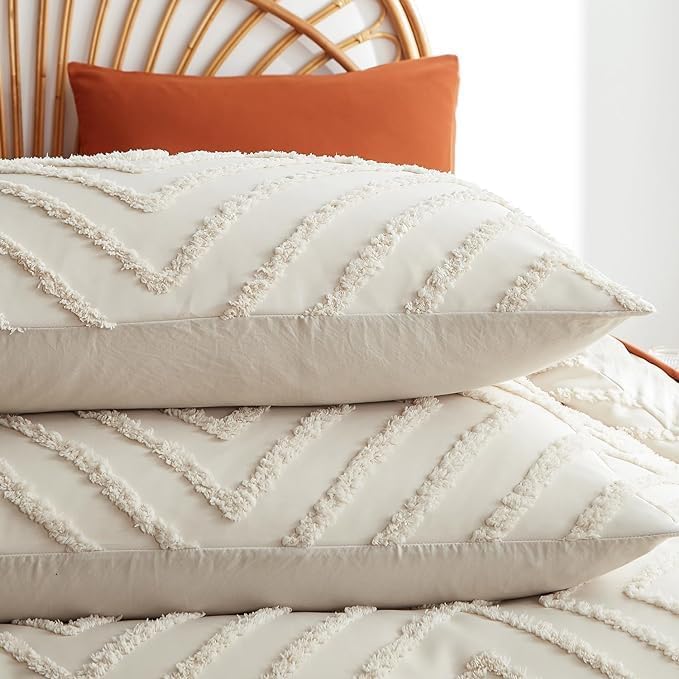 3-Pcs Luxury Tufted Duvet Cover, Beige Duvet Set, Queen XL Boho