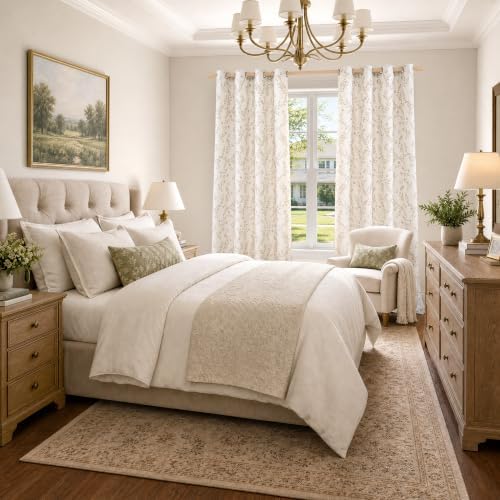 LAMIT Beige Leaf Pattern Linen Curtains for Living Room 96 Inch Length