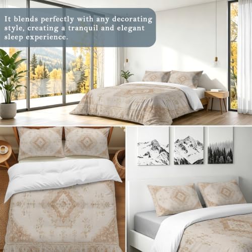 Beige Retro Art Boho Duvet Cover Set 3 Pieces with Zipper Closure