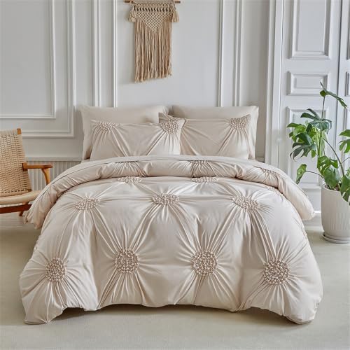 Tufted Queen Duvet Cover Set, 3 Pieces Solid Color Pinch Pleat