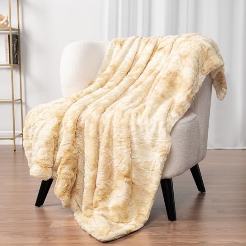 PAVILIA Tie Dye Faux Fur Sherpa Twin Blanket for Couch Bed, Cream