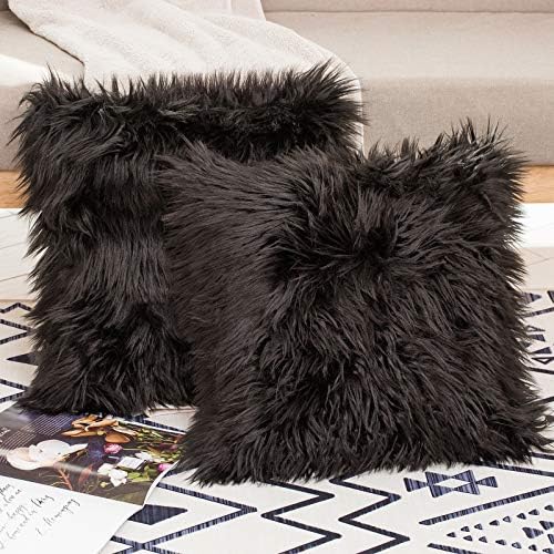 HYSEAS Set of 2 Decorative Faux Fur Throw Pillow Covers, Black Fluffy