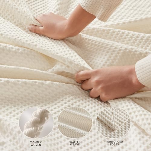 Madison Park Waffle Weave Blanket Cotton for Summer, Full/Queen, Ivory