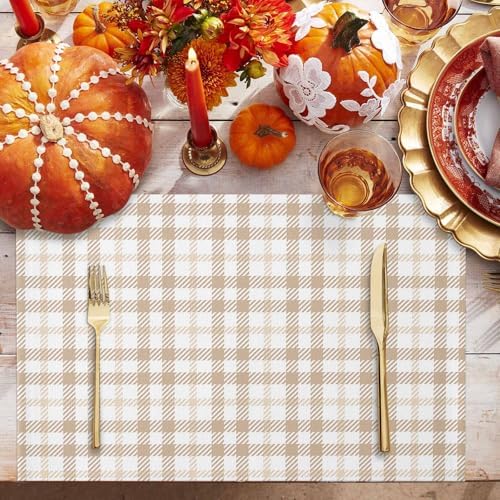 Placemats Set of 8, Farmhouse Pastoral Khaki Tartan Plaid Washable